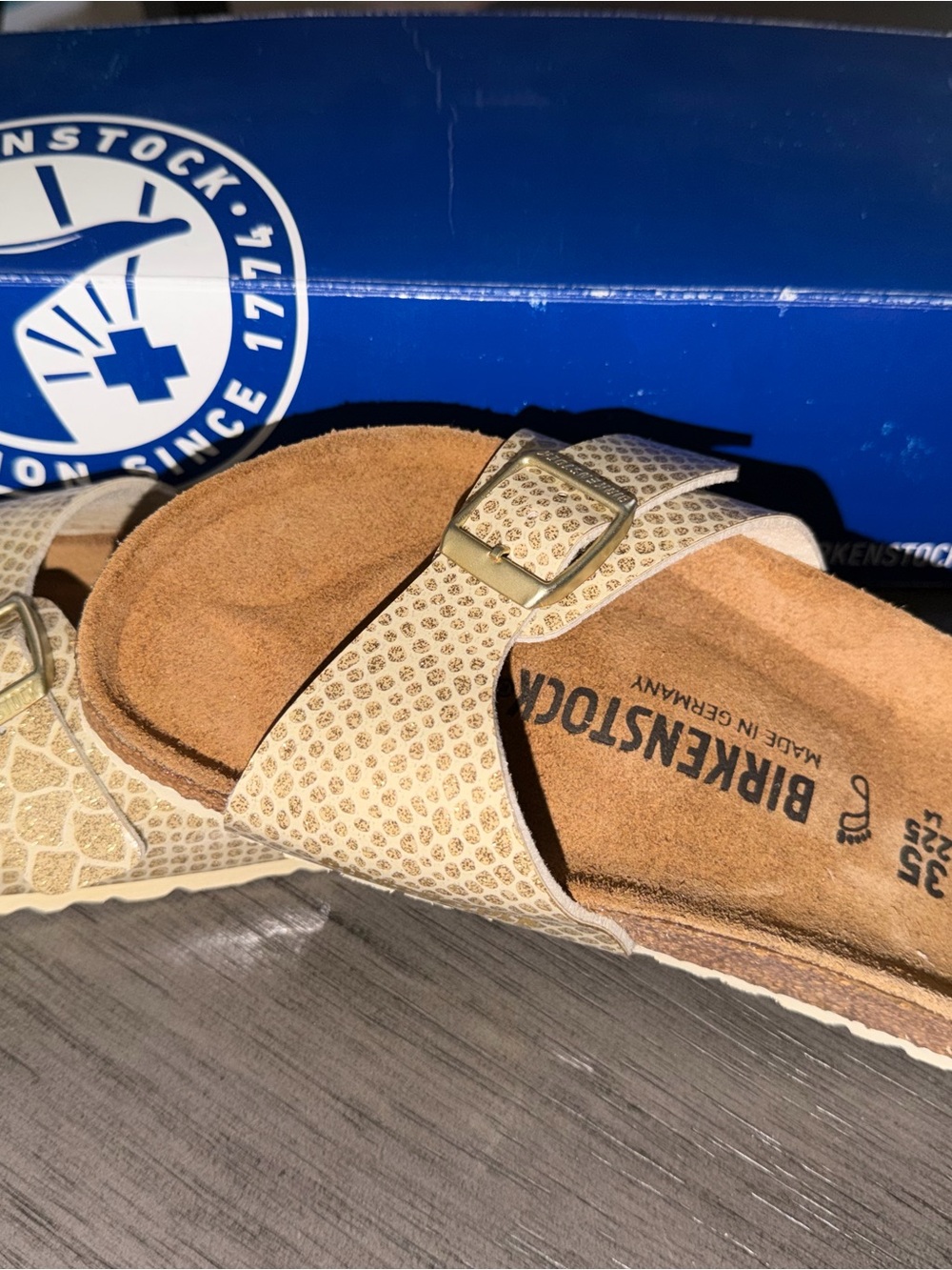Birkenstock Arizona Sandal Madrid magic smoke snake in Beige with Gold Buckles